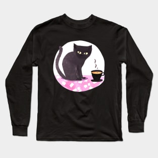 Cute Watercolor Coffee Cup and Black Cat Long Sleeve T-Shirt